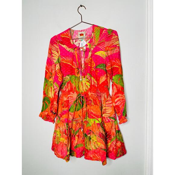 FARM RIO Pink Orange Floral Cotton A-Line Tie Waist Ombre Forest Mini Dress S - Picture 4 of 16
